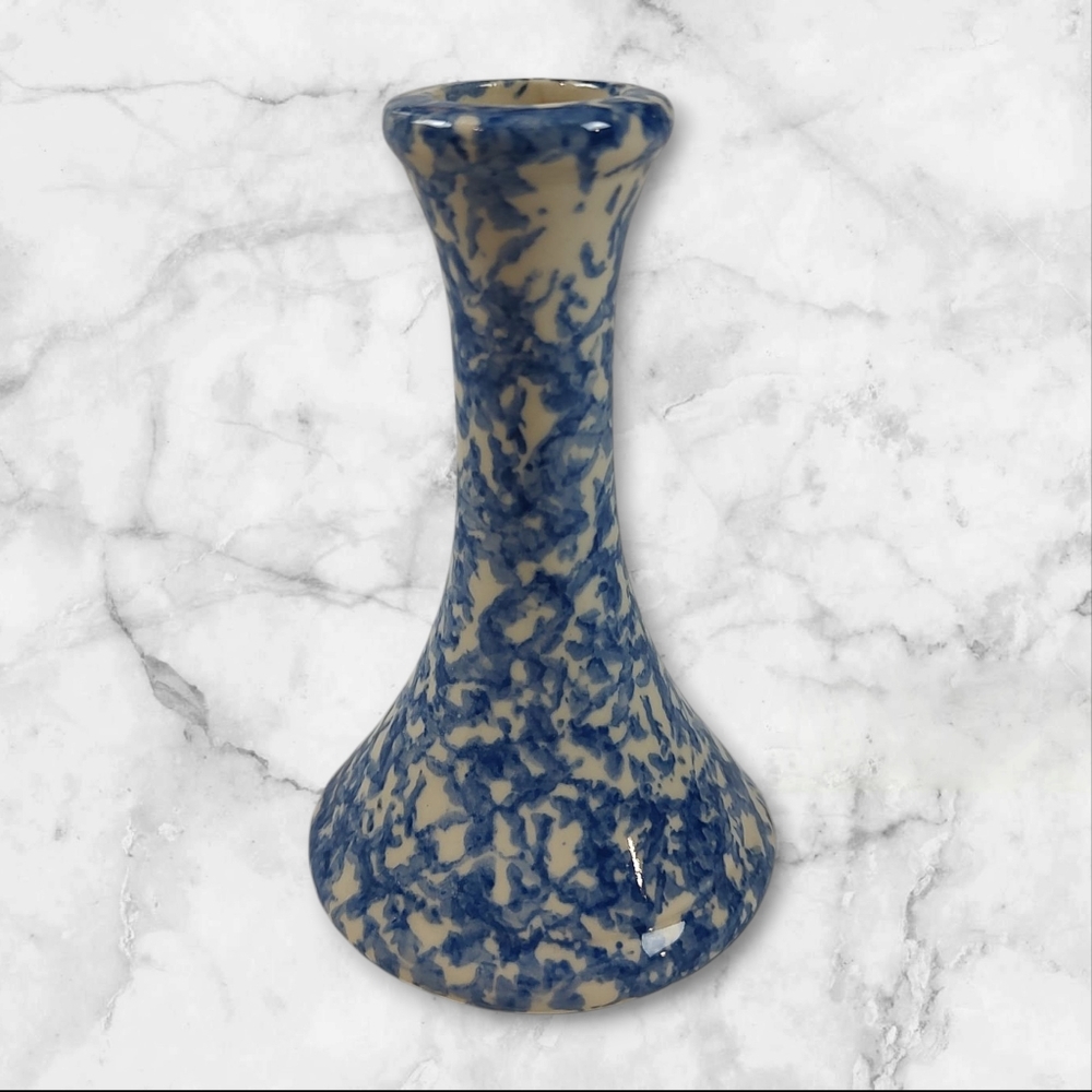 Rustic Farmhouse Blue Spongeware Bud Vase 5.25" Country Home Collection